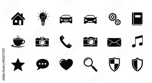 Collection of common icons representing technology and daily life silhouette
