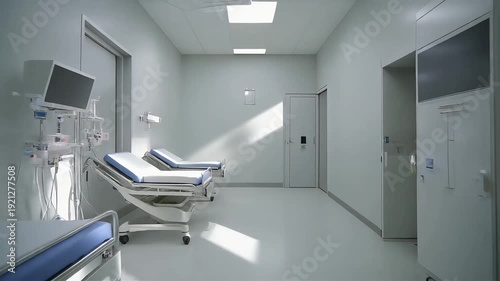 Wide minimalist medical corridor with sunlit beams cutting diagonally across the space highlighting neatly placed surgical trays and equipment cabinets