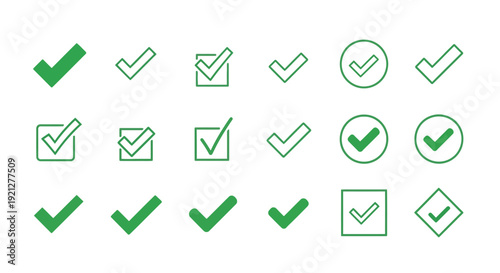 Collection of green checkmark icons in various square and angled styles silhouette