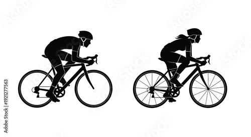 Two cyclists riding road bikes in a stark black silhouette