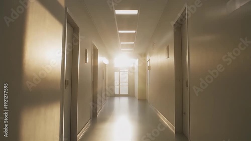 Soft sun flare enters the frame as the camera glides through the corridor creating natural warmth inside the sterile space