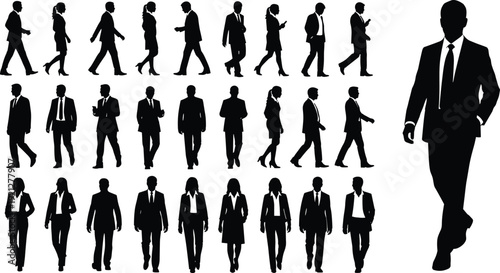 Collection of black silhouettes featuring professional business men and women walking in suits and formal office attire isolated on white background for corporate design