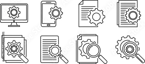 A set of eight line icons depicting various devices and documents with gear and magnifying glass symbols