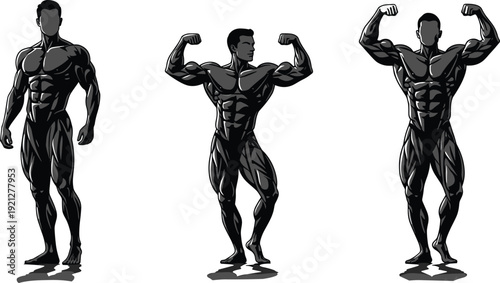Collection of powerful black silhouettes featuring muscular male bodybuilders in various flexing poses showing strong anatomy isolated on a white background for fitness design