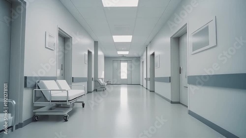 Minimalist hospital corridor illuminated by soft morning light streaming through high rectangular windows showcasing clean white walls polished floors and neatly arranged medical carts