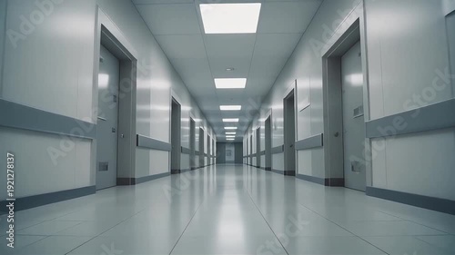Slow tracking shot forward through a long hospital hallway smooth glide motion clean lines subtle reflections pristine surfaces no people present