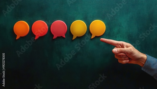 human hand pointing at the fifth colorful speech bubble in a row of orange, red and yellow chat icons on a textured dark teal background, conveying decisive selection and feedback