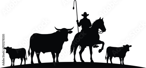 Cowboy on horseback herding cattle in a rural landscape with a serene atmosphere