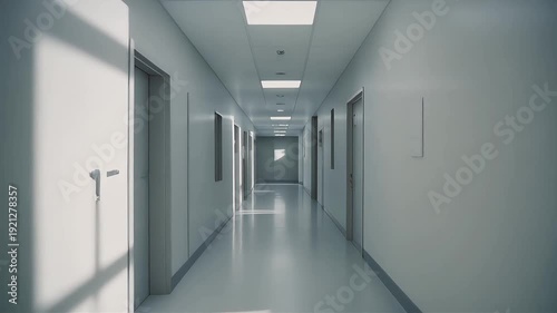 A hospital corridor with polished tiles subtle ambient lighting and soft shadows forming a perfectly symmetrical minimal environment