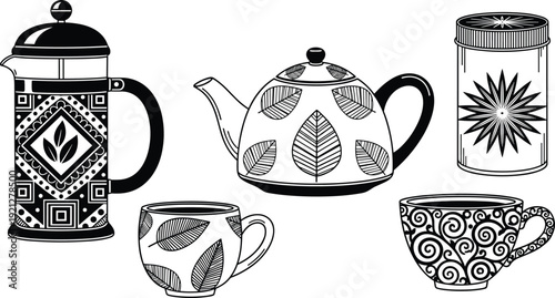 Hand drawn coffee and tea set, french press, teapot, patterned mugs, caffeine drink icons, kitchenware doodles, morning beverage vector illustrations, black