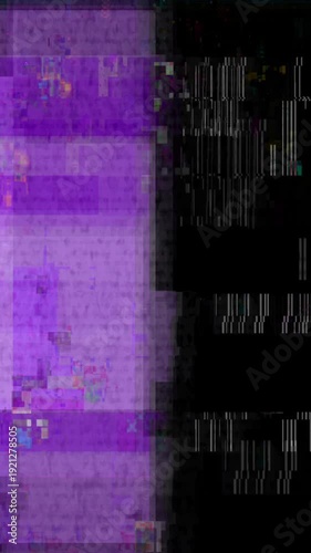 Gritty Vertical Glitch Digital Transition, Digital glitch effect with purple and black hues, showcasing distorted lines and pixelation ideal for dramatic cuts.