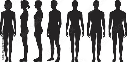 Silhouette of multiple human figures in various poses and genders on white people group