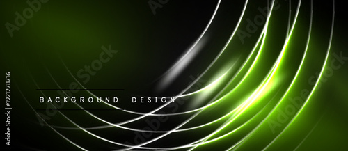 Abstract neon lines create dynamic curves. Green, white glow over dark background. Modern design element for digital projects.