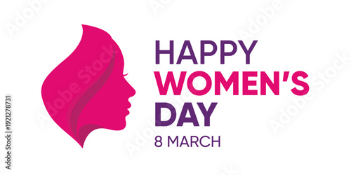 International Women's Day Banner with Diverse Silhouettes and Feminine Symbol on Purple Background
