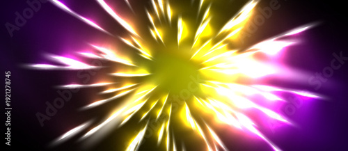 Bright explosion radiates outward. Yellow, white, purple hues dominate dark background. Energy bursts create dynamic visual effect.
