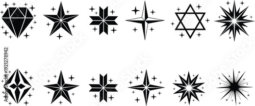 Black sparkling star icons set, shining diamond geometric shapes, glitter sparkles, celestial stardust elements, magic glow symbols, vector illustrations on white background