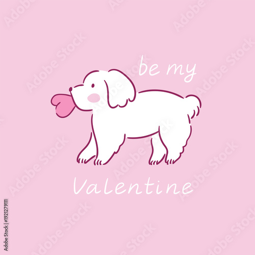 Valentine's Day card design. Vector Illustration. Puppy carries a heart. Cute Animal Character, Heart and love lettering on pink background.  