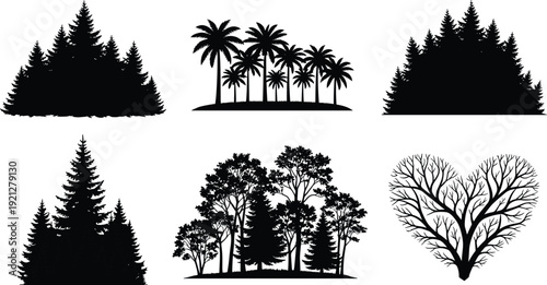 forest tree silhouette bundle, black woodland landscape set, pine and palm trees, nature clipart collection, isolated vector botanical design