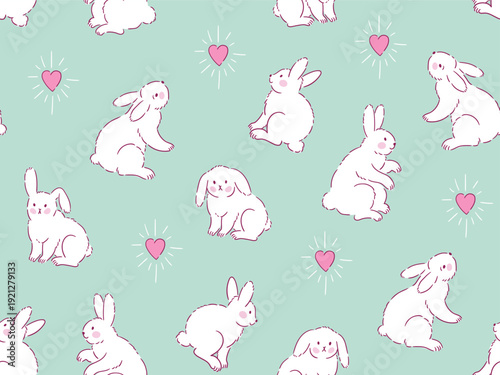 White bunnies and hearts vector seamless pattern. Rabbits in tattoo style on the mint green background. Cute hand drawn love fabric design for Valentine's day.  Animal Easter illustration. 
