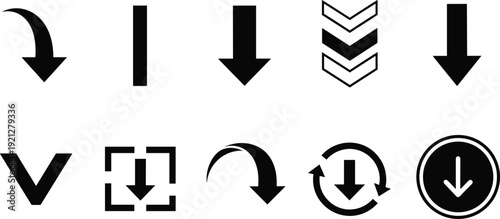 Set of ten unique black download arrows and directional icons including curved, chevron, circular, and outlined symbols for web and UI