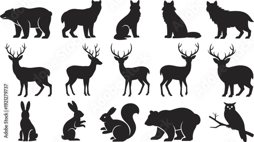 Forest wildlife animal silhouettes set, bear wolf deer rabbit squirrel owl collection isolated on white background, flat vector illustration
