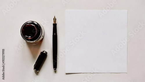 Elegant Fountain Pen with Ink Bottle and Blank Paper on Minimal Desk Background, Classic Writing Concept for World Writers Day Celebration
