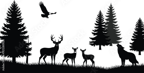 Forest wildlife silhouette scene with deer, wolf and eagle among pine trees landscape, flat vector illustration