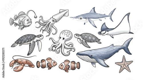 Marine Life Ensemble: A captivating assortment of sea creatures including a majestic whale, sleek shark, and vibrant coral, presenting the diverse beauty and mystery of the deep blue ocean.