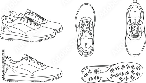 Athletic shoe technical illustration set, multiple perspectives with laces, stitching, textured sole, and cleat-like traction, footwear design artwork, flat vector illustration