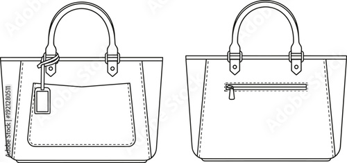 Handbag technical illustration set, front and back views with external pocket, zipper pocket, dual handles, and stitching details, fashion design artwork, flat vector illustration