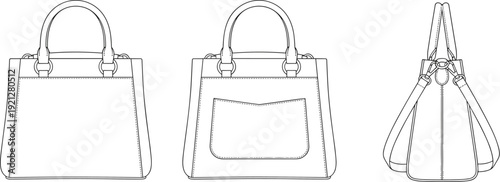 Handbag technical illustration set, front, back, and side views with stitching, pocket, and straps, fashion design artwork, flat vector illustration
