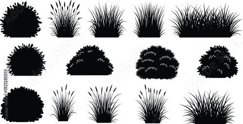 Garden bush and grass silhouettes collection with decorative shrubs and ornamental plants isolated landscaping elements, flat vector illustration