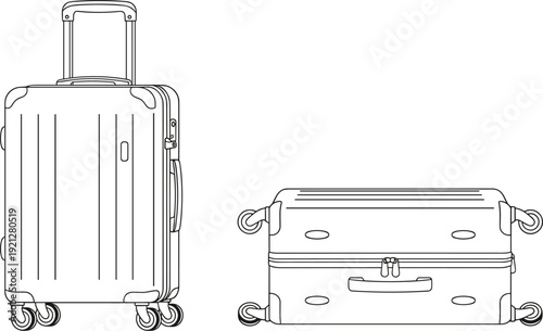 Hard-shell suitcase illustration set, upright and flat views with telescopic handle, spinner wheels, and zipper closure, travel product artwork, flat vector illustration