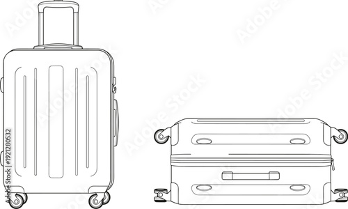 Hard-shell suitcase technical illustration set, front and side views with telescopic handle, spinner wheels, and ridged design, travel product artwork, flat vector illustration