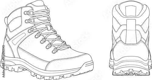 Hiking boot illustration set, front and rear views with laces, hooks, reinforced stitching, and rugged sole, outdoor footwear artwork, flat vector illustration