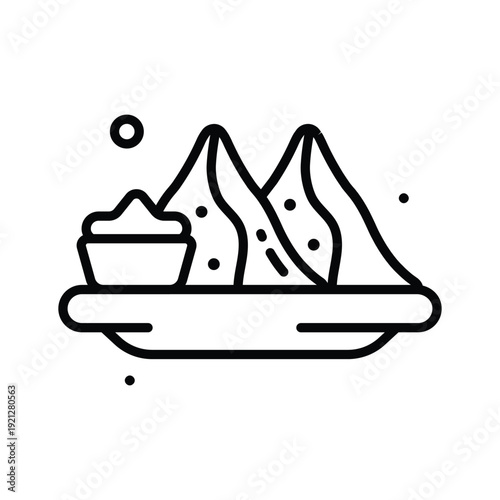Line icon of samosa with chutney, Indian snack, clean design.