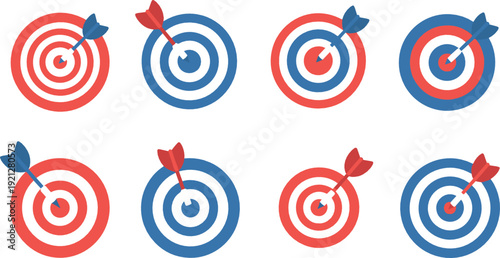Bullseye target icon set flat vector collection of dartboard aim symbols isolated on light background