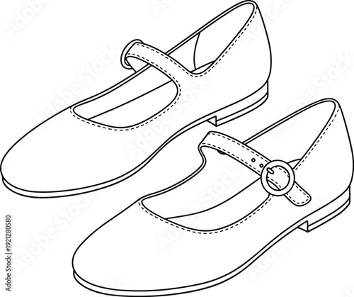 Mary Jane shoe illustration set, classic footwear with strap and buckle details, fashion accessory design artwork, stylish product template, flat vector illustration
