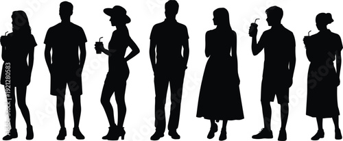 Silhouettes of seven diverse people standing and holding drinks on a white background group