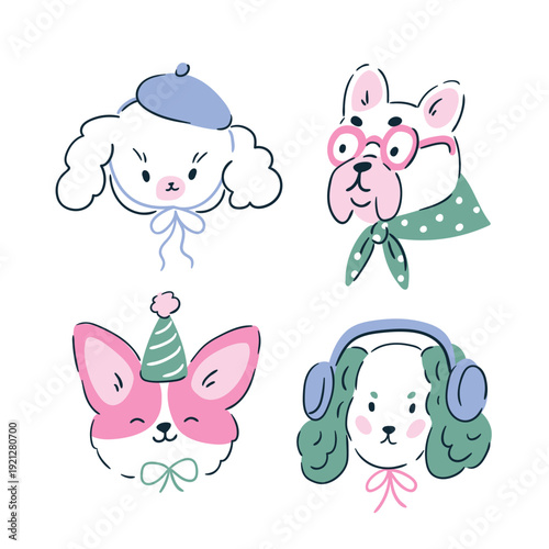 Vector preppy dog portraits isolated on white background. Cute puppies illustration for prints or stickers