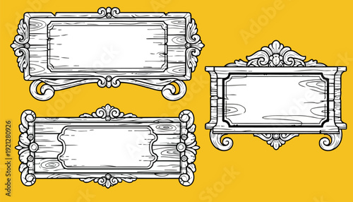Vintage ornate blank wooden signboards in black and white vector set