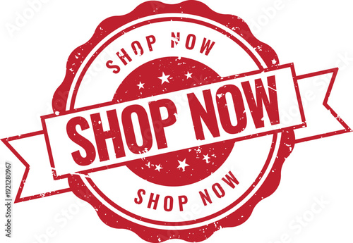 Vibrant red rubber stamp with shop now ribbon for attractive retail sales and online shopping incentives