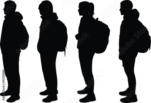 Silhouettes of young people with backpacks standing on a white background illustration vector