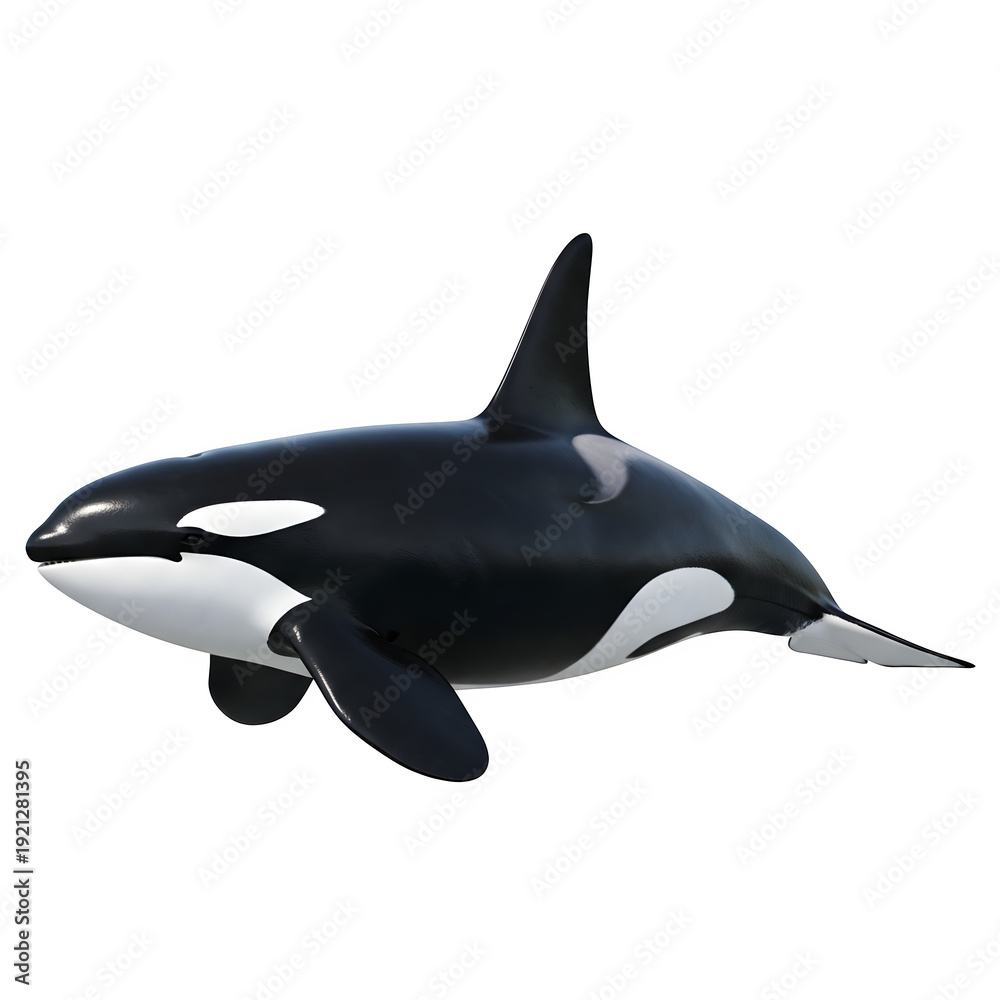 Fototapeta premium Black and white orca floating in ocean, perfect for marine wildlife, conservation, and design projects, isolated on white or transparent background. PNG format.