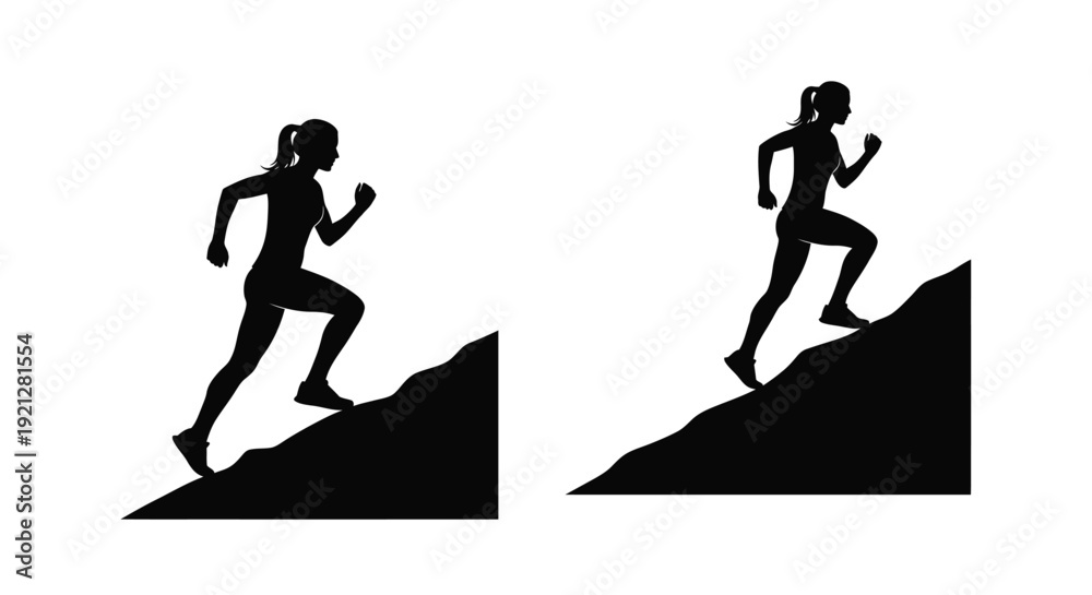 Obraz premium Two women running uphill depicted as a stark black silhouette