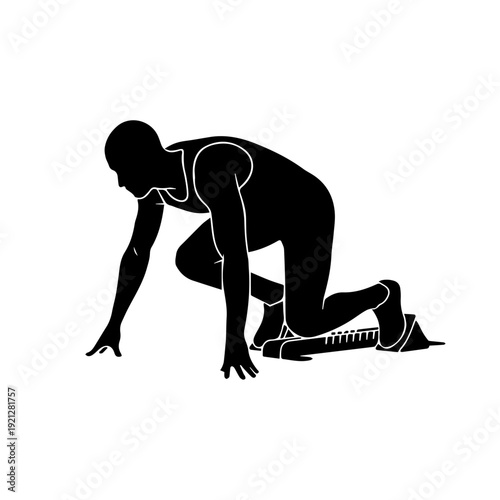 Minimalist black silhouette of a sprinter poised at the starting blocks.