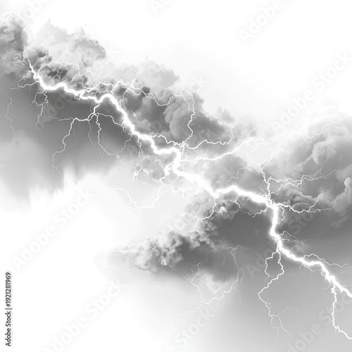 Dramatic black and white depiction of a lightning bolt flashing through storm clouds