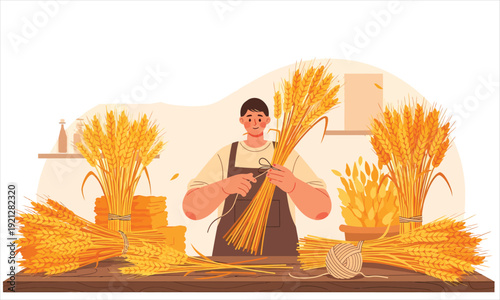 Farmer tying wheat sheaves on a table
