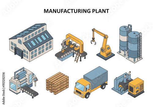 Isometric illustrations of industrial manufacturing plant elements including machinery, robots, and trucks for production and logistics