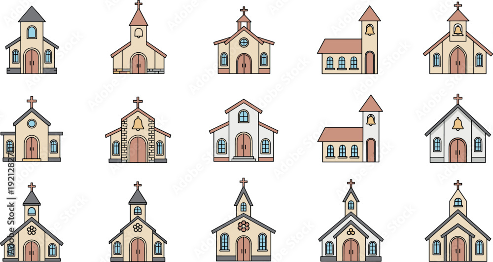 Fototapeta premium Church building icon set flat vector collection of Christian chapel and cathedral architecture isolated on light background